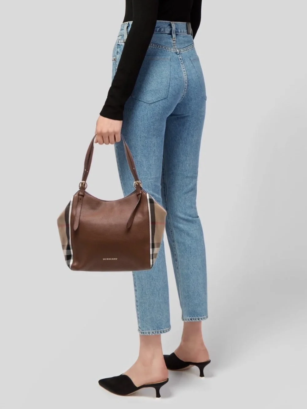 Authentic BURBERRY Leather And House Check Canvas Small Canterbury Tote Bag Brow